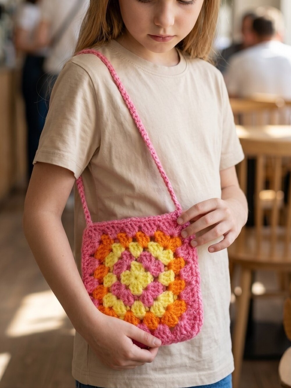 #26 Handmade Pink Crochet Kids Shoulder Bag with Yellow & Orange Accents